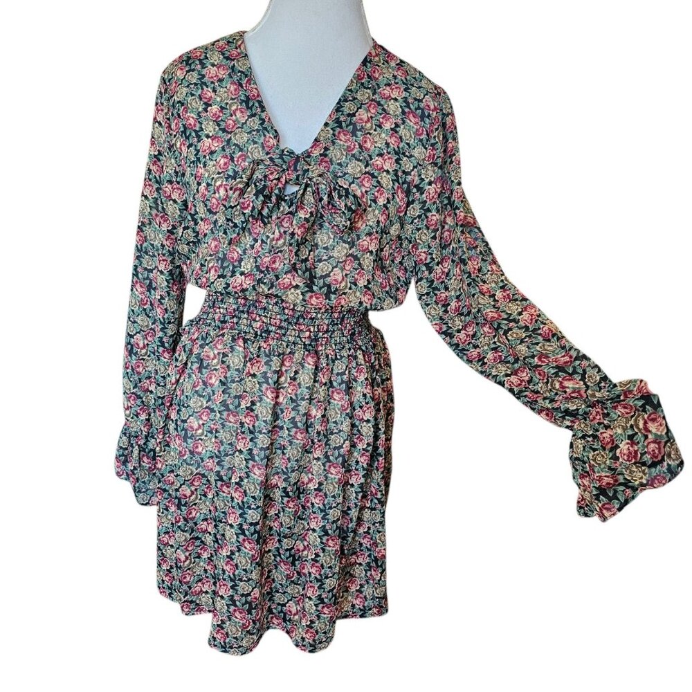 90s Smocked Dark Floral Dress Boho Chiffon Blouson Smocked Sz S Long Sleeve - Picture 2 of 10